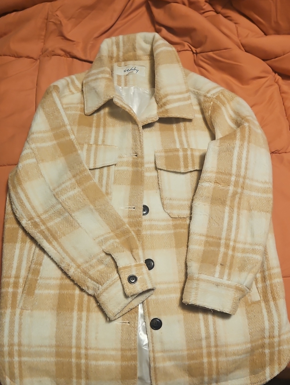 Sebby Cream and Tan Plaid Teddy Jacket